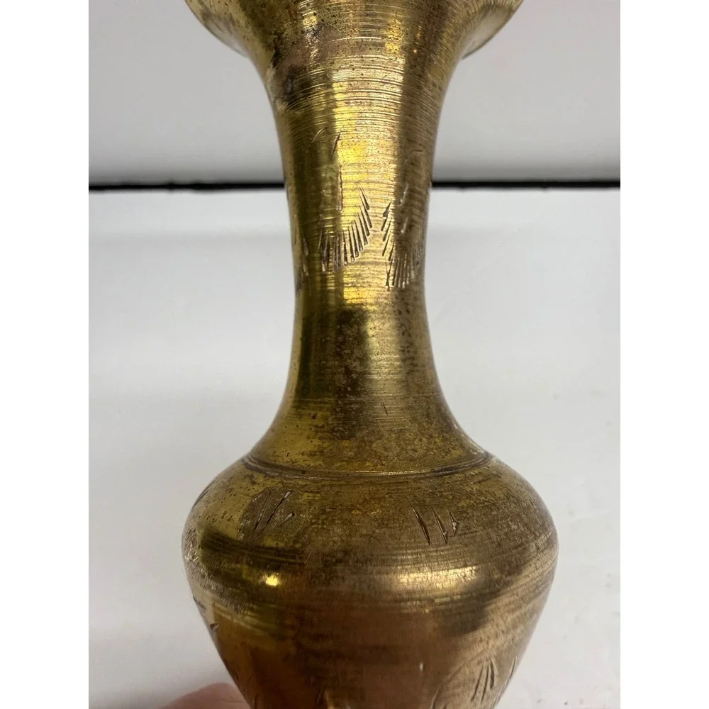 Vintage Etched Brass Bud Vase 6 Inch Flared Rim Hand Crafted Decorative Vessel